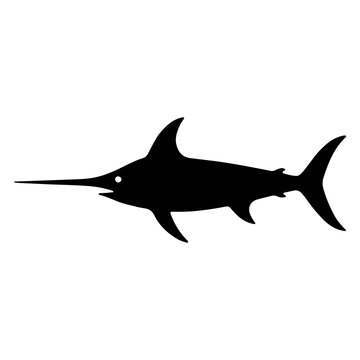 Black and white vector illustration of a swordfish silhouette representing deep sea fishing and marine life