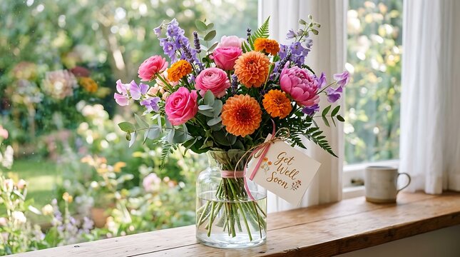 Beautiful colorful spring flower bouquet in a glass vase with a get well soon card on a wooden windowsill
