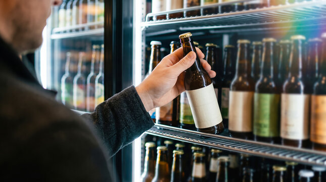 A person stands in a store, holding a bottle of beer while looking at others on the shelf. The display features various bottles with different labels