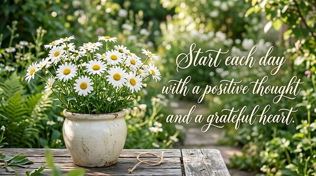 Beautiful white daisy flowers in a ceramic pot on a rustic wooden table with an inspirational quote