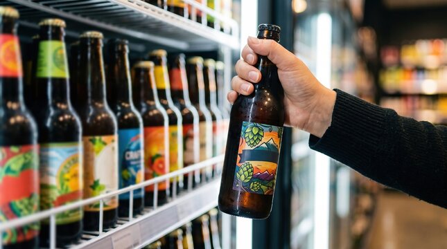 A person stands in a store looking at beer bottles on the shelf. They hold one bottle with a colorful label while choosing among many options