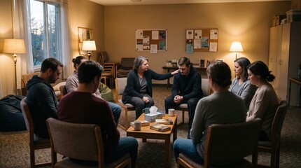 Obraz premium Diverse group of people sitting in a circle for a support group meeting, woman comforting a man in a quiet, warmly lit community room