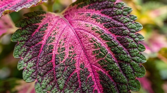 Close up shot of vibrant pink and deep green coleus plant leaf with textured veins