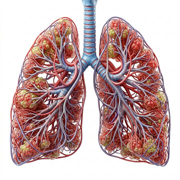 Human Lungs Anatomy Illustration: Bronchial Tree, Alveoli, Blood Vessels