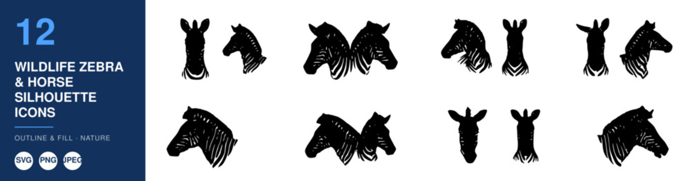Zebra and Horse Silhouettes Icons Set, Outlining and Fill Design, Nature Wildlife Illustration