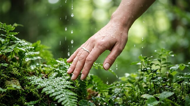 Female hand reaching out to touch fresh green ferns during a gentle summer rain shower in the forest
