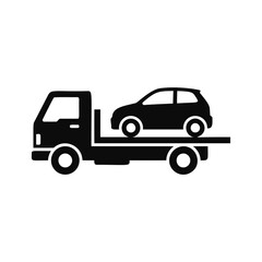 Naklejka premium Flatbed tow truck carrying a small car icon on white background