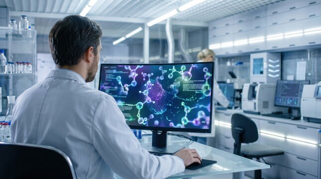 Male scientist in white lab coat sitting at a desk, reviewing complex molecular structures on a curved computer monitor in a bright laboratory