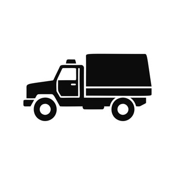 Black silhouette icon of a delivery truck on white background