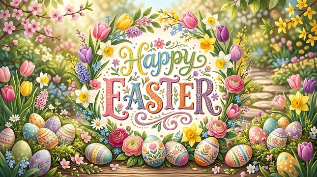 Happy Easter greeting card design with beautiful spring flowers and colorful decorated patterned eggs in a garden setting