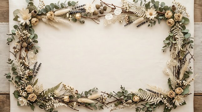 Rectangular frame made of dried flowers and eucalyptus leaves on a textured beige background for wedding stationery