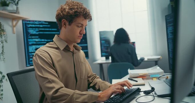 Group Adult male, female freelance typing write prompt AI bot IT app smart program nomad, video game, terminal with coding language, user interface, designer, big data center on desktop computer.