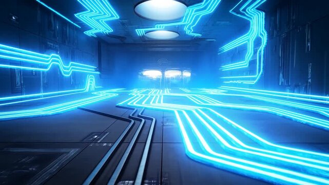 Futuristic corridor with illuminated conduits and blue glowing doorway in a dark technological interior