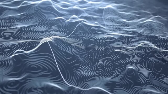 Abstract blue fluid surface with white contour lines forming undulating wave patterns