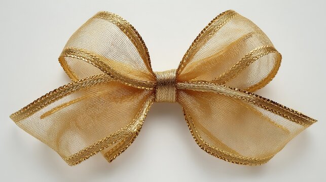 Elegant golden mesh bow ribbon isolated on a clean white background creates a sophisticated festive decoration for luxury holiday gifts