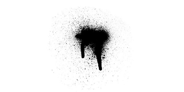 Black spray paint splatter texture with irregular blob and multiple drip streaks on white background, abstract grunge ink splash dripping down for design overlay