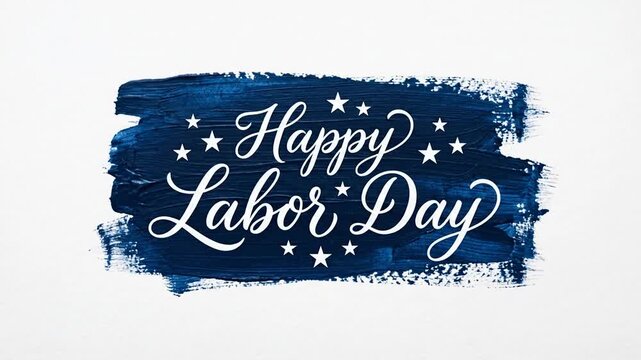 Labor Day greeting card with handwritten text on blue paint stroke