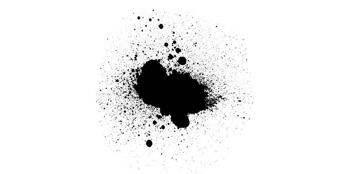 Black spray paint splatter texture with irregular lobed blob shape on white background, abstract grunge ink splash with scattered dust particles for design overlay