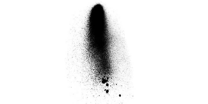 Black spray paint splatter texture with elongated blob and detached dots below on white background, abstract grunge shape with scattered dust for design overlay
