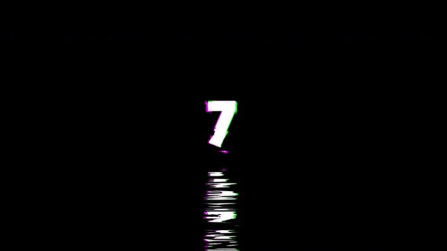 10 second glitch countdown. Distorted RGB chromatic aberration number timer on black background. Water reflection digital clock element for gaming intro.