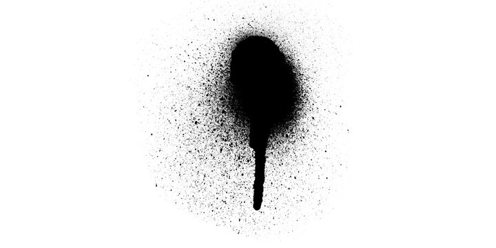 Black Spray Paint Splatter Round Blot with Central Drip and Scattered Dots on White Background, Grunge Ink Texture, Distressed Aerosol Spray Spatter Design for Overlay