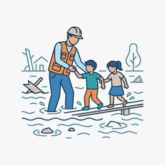 Vector illustration showing a rescue worker in a safety vest and hard hat helping two children cross floodwaters on a wooden plank bridge during an emergency evacuation or natural disaster.