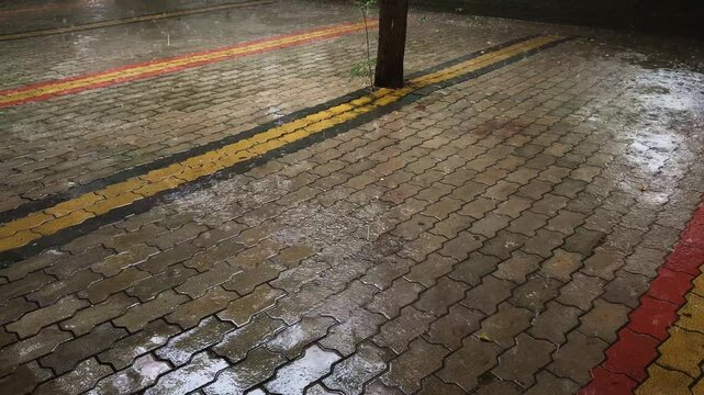 Static shot of heavy rain falling across wet brick pavement with water accumulating around a tree and roadside surface