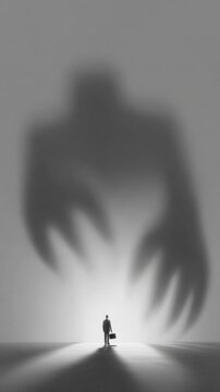 A businessman with a briefcase casts a giant shadow resembling a monster with claws against a plain background.