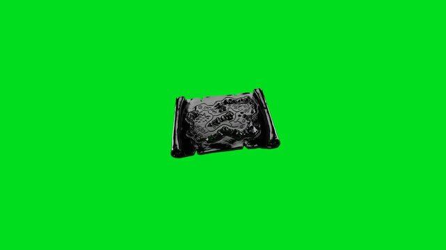 A shiny black pirate treasure map scroll floating against a green background