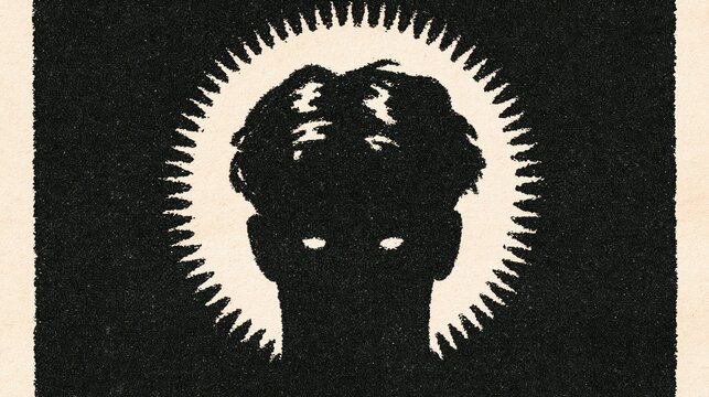 Uncertainty Fear Doubt Mysterious Silhouette with Glowing Eyes and Lightning Energy Black and White Woodcut Illustration