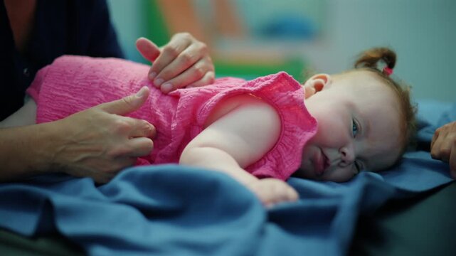Baby girl receiving professional pediatric physical therapy session. Healthcare specialist doing gentle massage and medical treatment