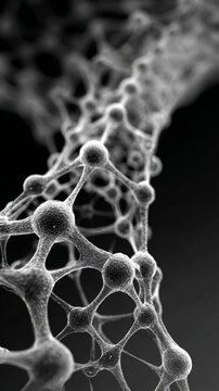 A grayscale 3D rendering of a molecular structure with connected nodes against a dark background.