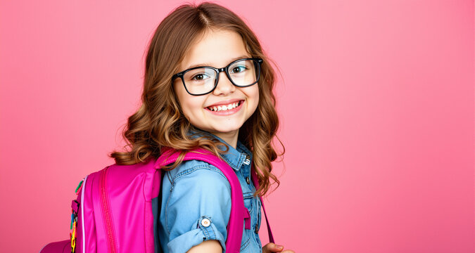 beautiful smiling girl in eyeglasses with backpack posing on pink background, back to school concept
