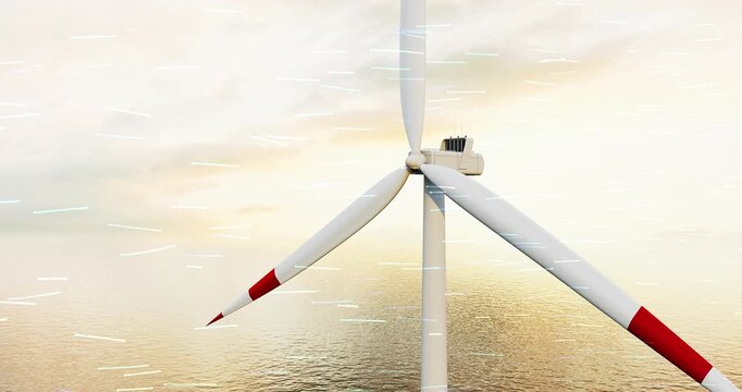 Abstract wind flow particles swirling around offshore wind turbines animation. Sustainable energy related 3d animation.