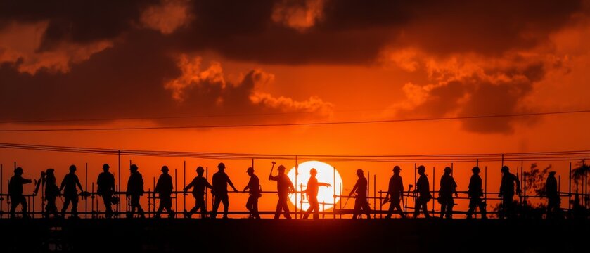 Silhouettes of construction workers walking against a vibrant orange sunset with a large sun and clouds in the background.