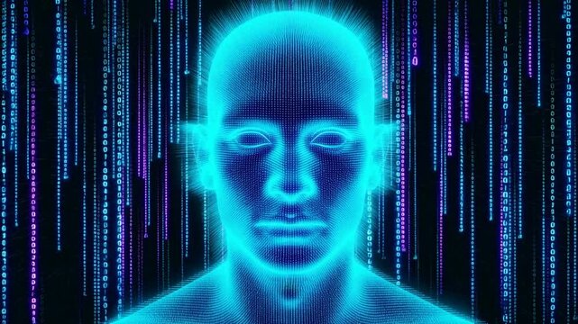 Digital human face glowing against cascading binary code with subtle animated light effects