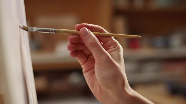 Hand holding paintbrush with bristles near canvas in softly lit art studio