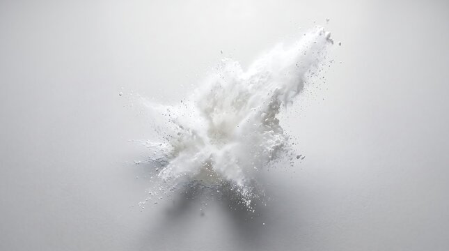 A puff of fine white baby powder exploding and scattering softly across a plain light background surface