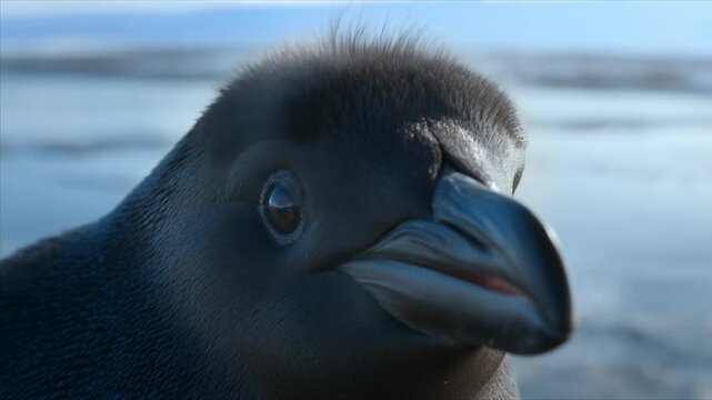 Raven resting in closeup near icy water with glossy beak and ruffled head feathers