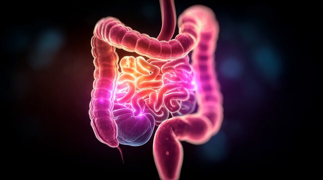 A glowing 3D medical illustration of the human digestive system including intestines and colon against a dark background.