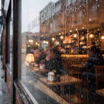 Rainy cafe window view of The Daily Grind. Cozy coffee shop interior through wet glass. Moody urban street scene with raindrops.