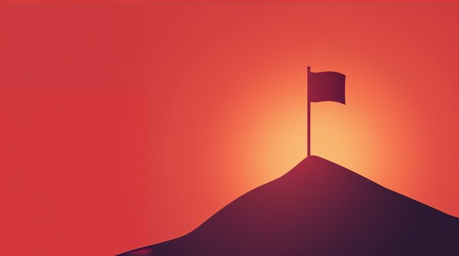 Flag on Mountain Summit Silhouette Achievement and Goal Concept Warm Red Background