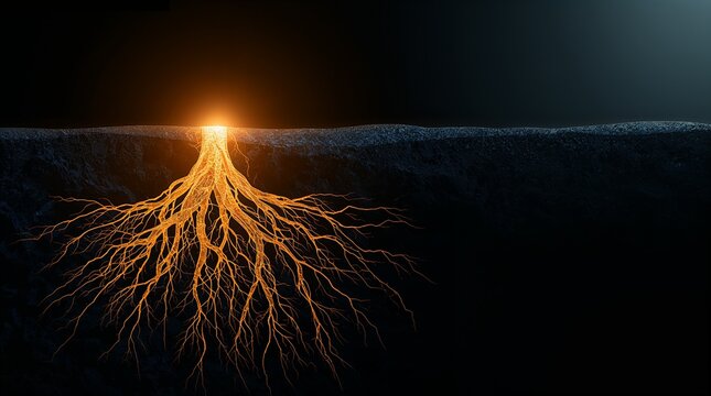 Glowing Root System Underground Cross Section Foundation Strength Concept Dark Background