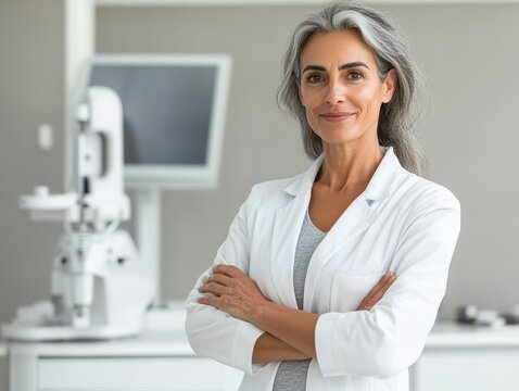 Confident woman in lab coat smiling in medical office