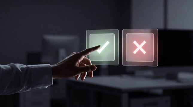 Person pointing finger at digital check mark and cross button on glass screen in dark office