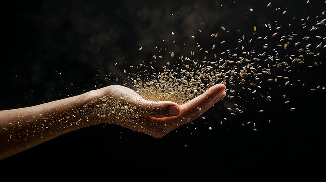 Hand Releasing Golden Seeds Scattering in Wind on Dark Background nature concept