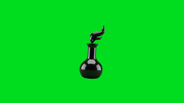 A sleek black potion bottle featuring a stylized flame on a green background