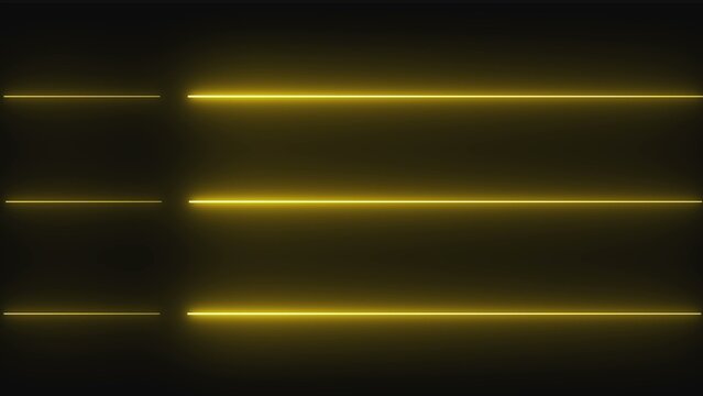 Three horizontal glowing yellow neon light lines with bullet points on a dark background for modern digital interface design and web navigation menu graphics