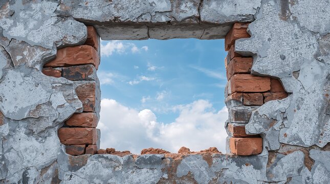 Broken Brick Wall with Hole Framing Blue Sky Freedom Concept