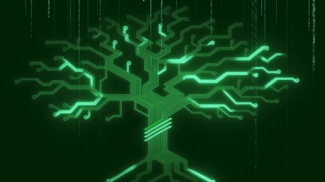 Glowing green circuit board tree with branching electronic pathways on a dark digital background